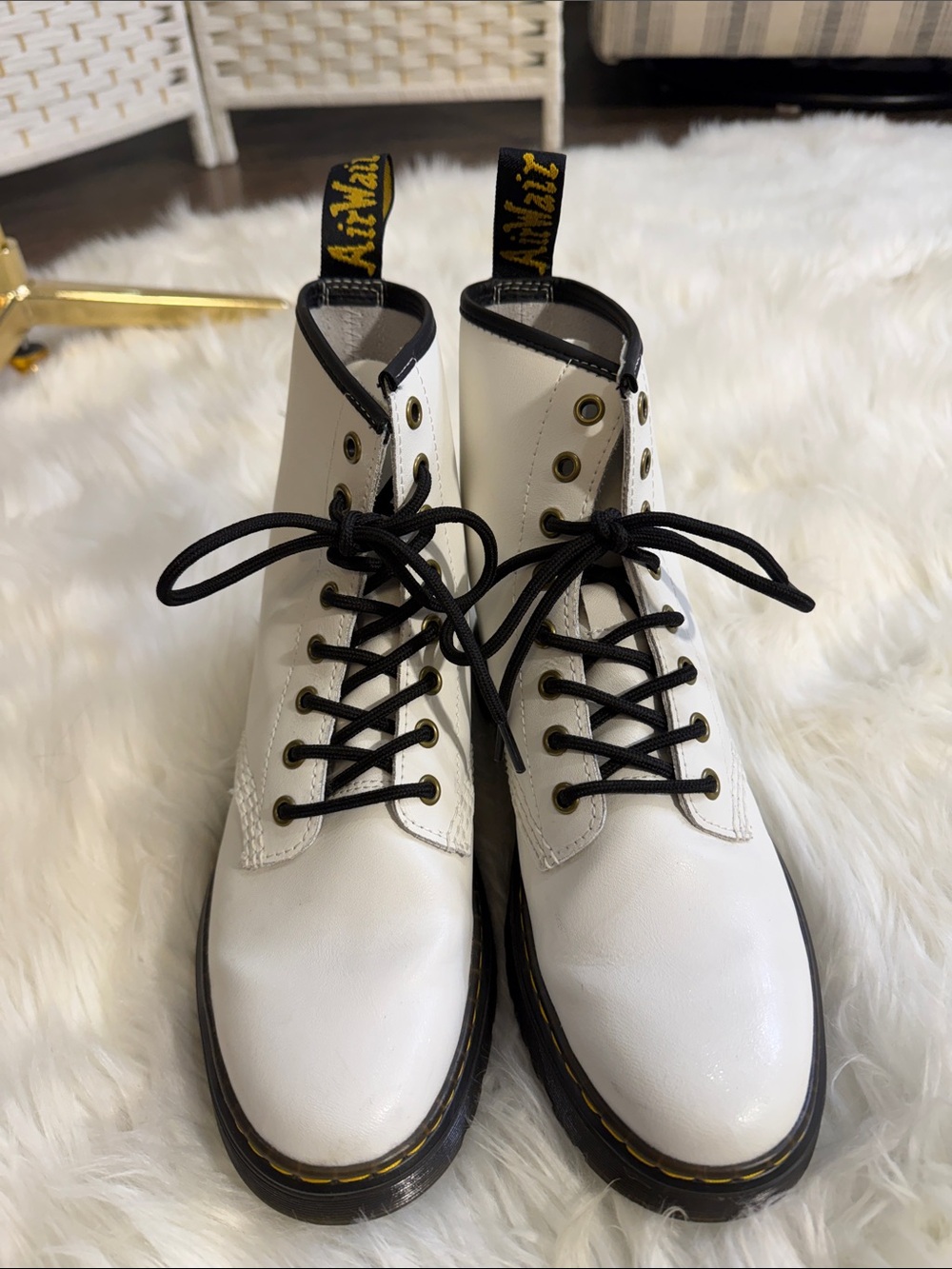Dr. Martens White Leather Lace-Up Combat Boots with Black Accents
